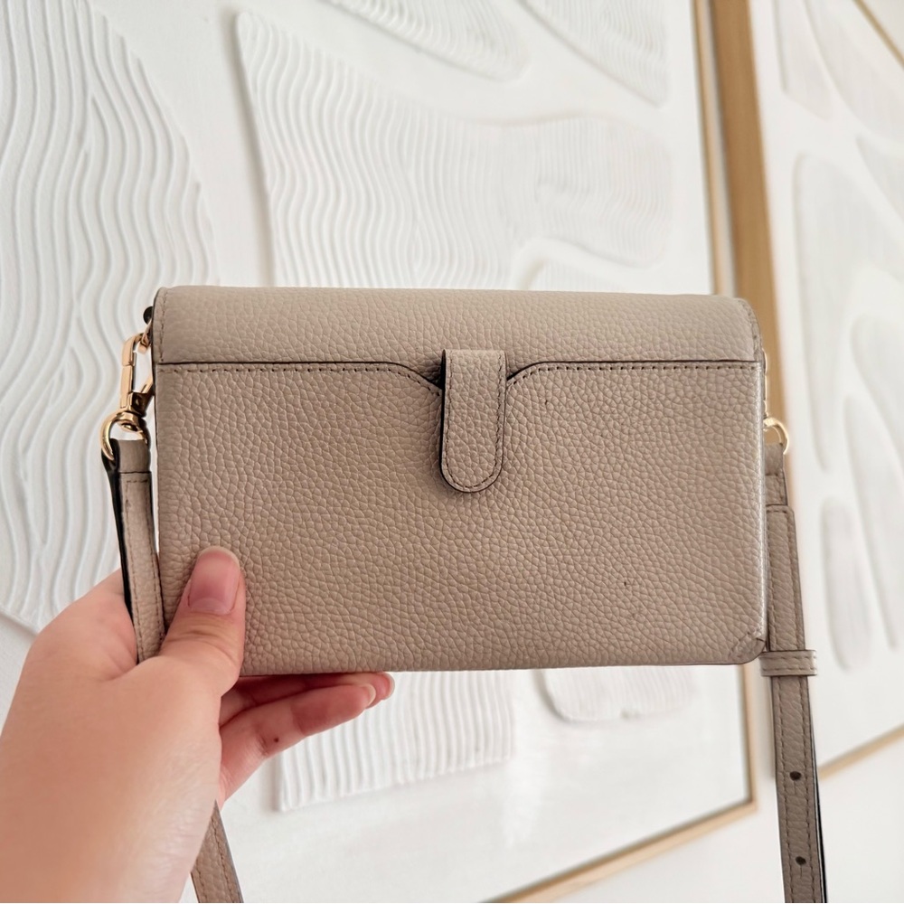 Michael Kors Taupe Pebbled Leather Wristlet Clutch with Gold MK Logo - Picture 2 of 3